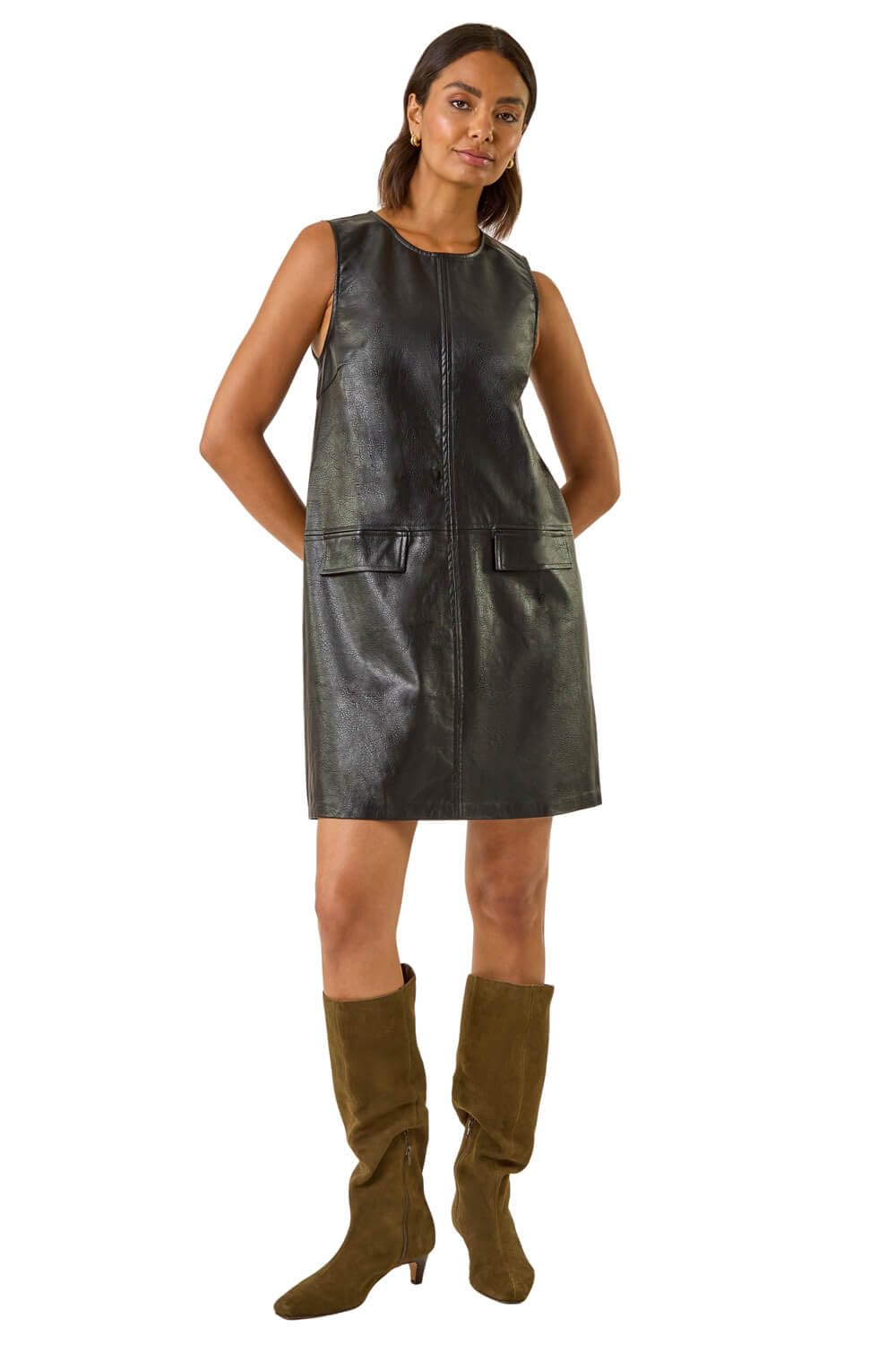 Roman Women's Black Faux Leather Pocket Detail Dress Size 20