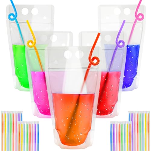 44 Drink Pouches with Straws Individually-Wrapped - 17oz Juice Drink Pouches Adults Alcohol Clear Plastic Halloween Blood Bag Reusable Cocktail Liquor Liquid Smoothie Party Hot Weather Cooling