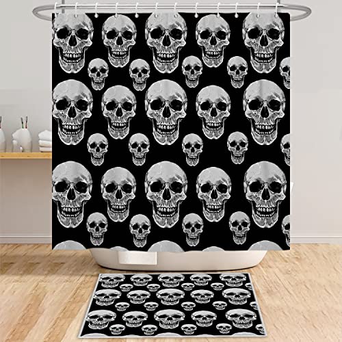 Bovlleetd Totenkopf-Duschvorhang Gruseliger lustiger Totenkopf-Badezimmervorhang Halloween-Themen-Badezimmer-Kunst-Dekor-Vorhang Schwarzer Hintergr& Duschvorhang mit Haken 180x200 cm