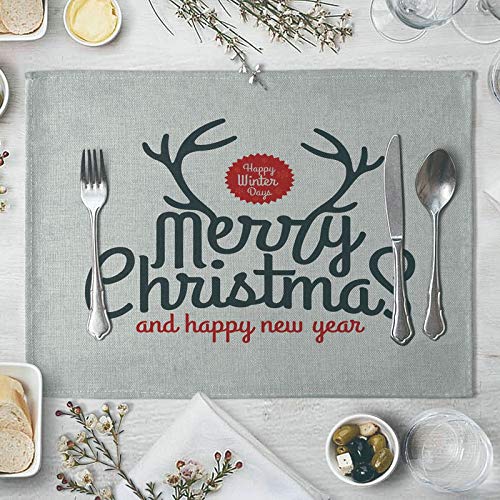 Homxi Manteles Individuales Juego 4,40x30CM,Manteles Individuales Algodon y Lino Merry Christmas & Happy New Year Salvamanteles Azul Rojo