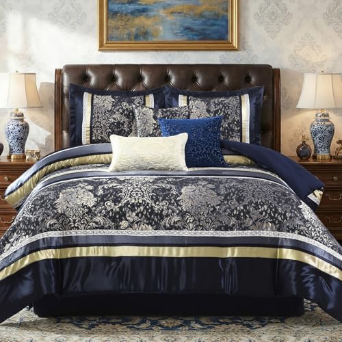 Image of CozyDH 7-Piece Navy Blue Comforter Set King - Luxury Jacquard Damask Vintage Floral Gold Striped Bed in a Bag, All Season Down Alternative Bedding with Bed Skirt, Shams, Decorative Pillows, 104x90 in