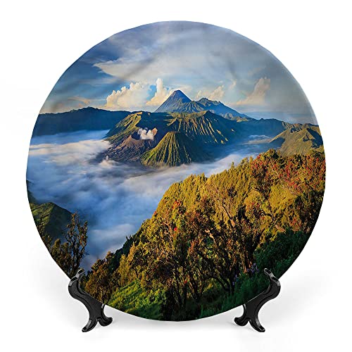 LIGUTARS Decorative Plates, Volcano Print Ornament, Famous Bromo Mountain, 7 Inch, 1 Plate with 1 Display Stand, Multicolor