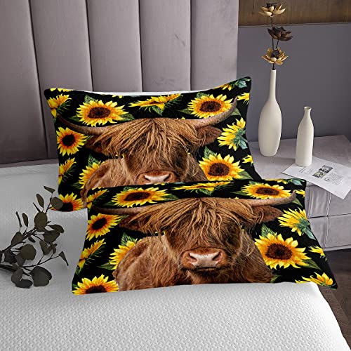 Sunflowers Bed Sheet Set Floral Print Bedding Set Highland Cow Fitted Sheet Brown Highland Cattle Flat Sheet For Kids Boys Girls 4Pcs With 2 Pillow Case Full Size #TOP3