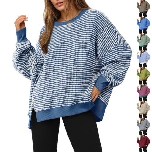 Striped Long Sleeve Shirt Women Waffle Knit Crewneck Oversized Sweatshirt - image 1