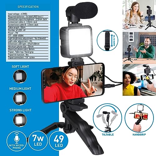 Grundig Trépied Téléphone avec Lampe - Tripod avec Microphone - LEDs avec 3 Réglages de Couleur - pour Téléphones de 53 à 84 MM - Modèle de Table et Perche à Selfies - Matériau en Plastique - Noir – Image 6