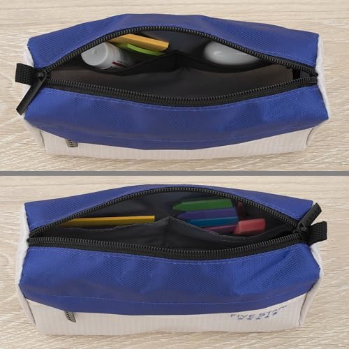 Image of Five Star Pencil Pouch 9-Pocket Zipper Storage Organizer Case for Office Supplies Earbuds Chargers Cables Makeup, Tan /Blue (505600C)