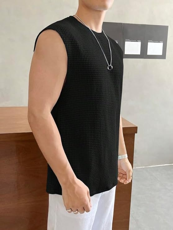 Image of NETCLICK Mens Waffle Tank Tops Sleeveless Round Neck Polycotton Vest, Sando & T-Shirt for Gym, Running and Outdoor