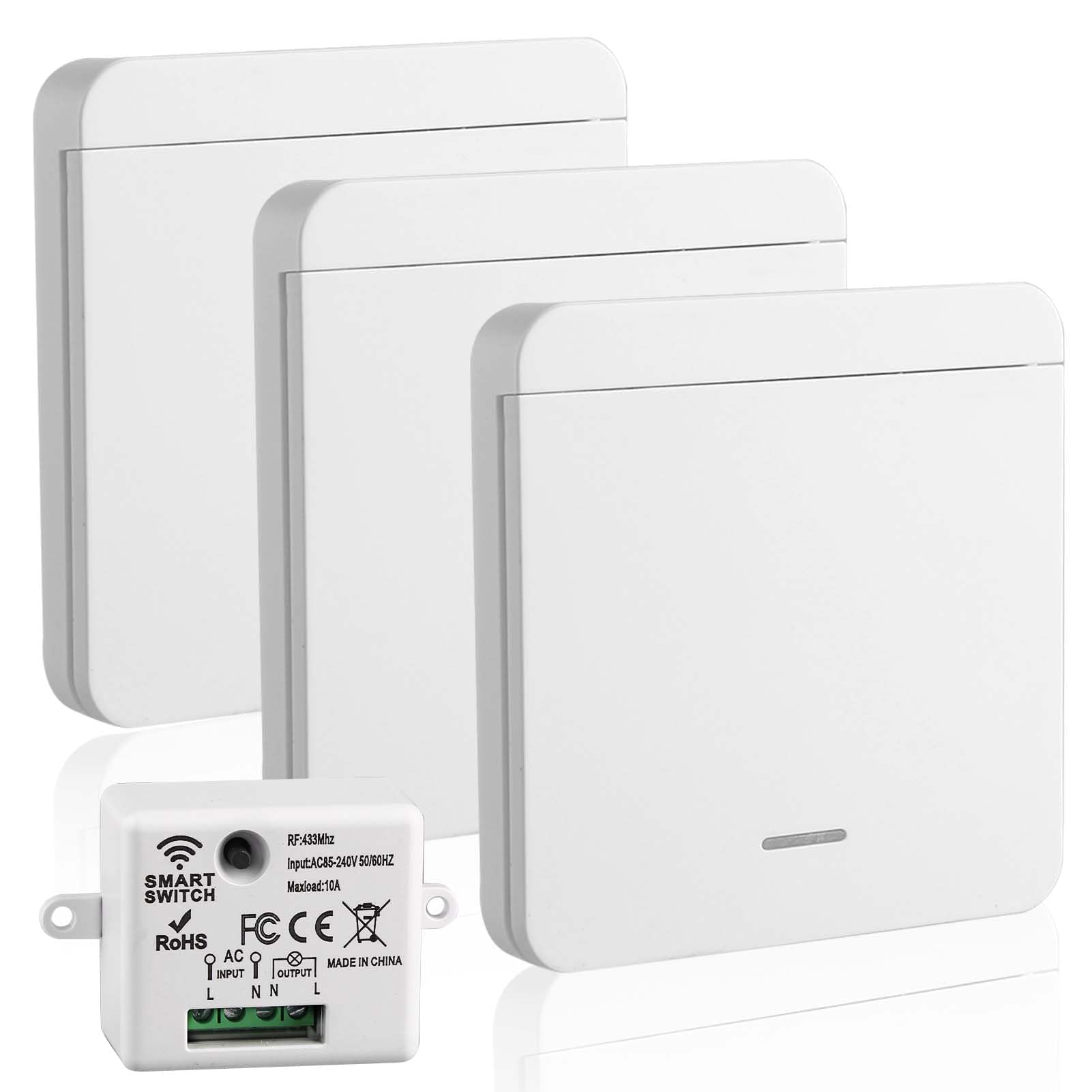 4 Piezas Interruptor Inalámbrico Kit, 433MHz Interruptor de Luz Pared Sin Cableado con Receptor 220V 10A, Mando a Distancia Alcance 30m, Control Remoto para Lámpara LED, Techo, Electrodomésticos