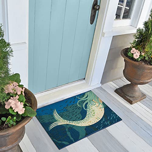 Liora Manne Esencia Machine Washable Non-Slip Low Profile Indoor/Outdoor Mat-Transitional, Coastal, Beach, Whimsical, Mermaids are Real Ocean 2'5" x 3'11"