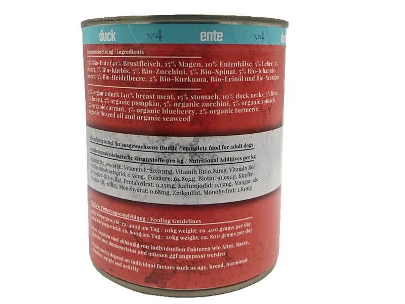 My Nassfutter Bio-Ente mit Bio Kürbis, Bio Zucchini, Bio Spinat und Bio Johannisbeeren 820g Dose mÿ Hundefutter ohne Konservierungsstoffe, künstliche Aromastoffe, Farbstoffe & Lockstoffe