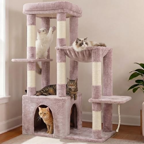Image of Heybly Heavy Duty Cat Tree, Tower for Indoor Cats Large Adult, Tall Cat Condo House with Extra-Large Baseboard, Multi-Level Plush Furniture with Scratching Posts, Hammock,Toy Balls,Muchroom HCT026MU