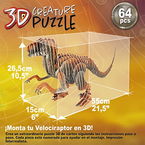 Educa Puzzle 3D Créature Vélociraptor | Assemblez Votre Propre Dinosaure en 3D de 55 cm de Long et 26 5 cm de Haut. 64 Pièces en Carton Recyclé. Images Photoréalistes | A partir de 19382 - vue 3