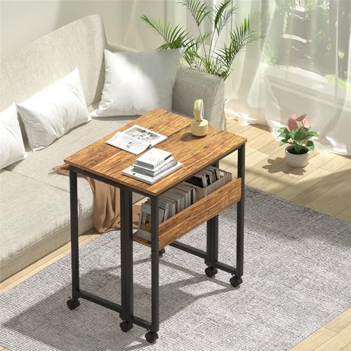 GreenForest Folding Desk Small Rolling Desk with Storage Shelf, 31.5 inch Foldable Computer Desk with Wheels for Small Space, Easy Assembly,Walnut - Thumbnail 6