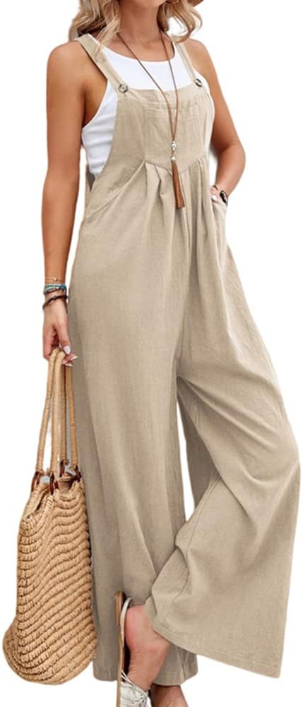 IDEALSANXUN Wide Leg Overalls for Womens Casual Cotton Linen Baggy Loose Maternity Summer Beach Jumpsuits Romper
