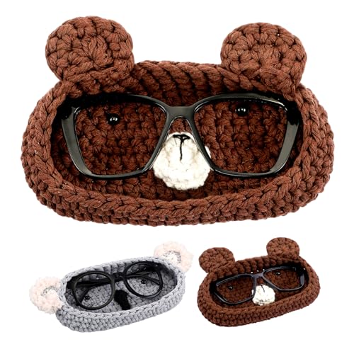 Kingdder Cute Bear Handmade Crochet Glasses Holder Soft Knit Scratch Resistant Eyeglass Tray Organizer for Nightstand Office Gift