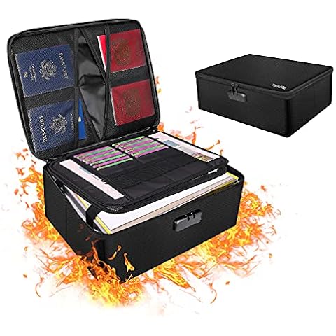 Fireproof Document Box with Lock 14.2''×10.6''×4'' File Storage Box Large Capacity 4-layer Fireproof Document Bag Collapsible & Portable Organizer Box for Home Office Travel Cover
