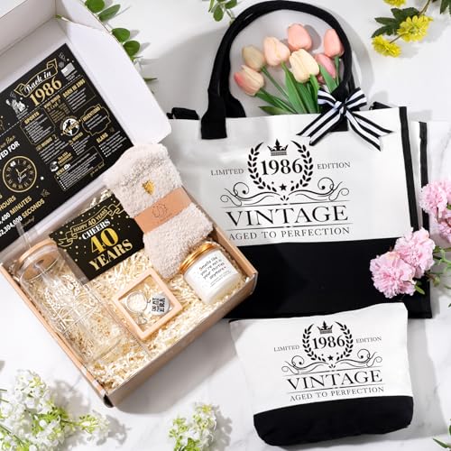 Image of iAOVUEBY 40th Birthday Gifts for Women Her, Cool Gifts for 40 Year Old Woman, Forty Canvas Birthday Tote Bag Glass Cup Candle Gift Basket 40th Ideas Daughter Mom Sister Friend Wife Coworkers