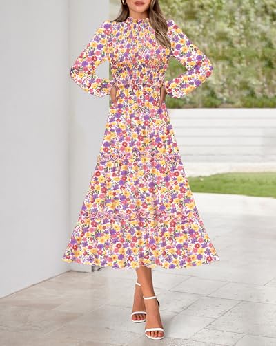 Image of NOLLSOM Women 2026 Spring Dress Floral Boho Dress Casual Long Sleeve Crew Neck Ruffle A-Line Flowy Wedding Guest Maxi Dresses