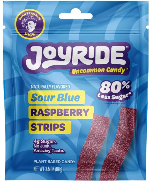 Generic Joyride Sweets Blue Raspberry Candy Strips, 80% Less Sugar - 3.5oz, Gummy Strips, Gummy candy strips, Candy Belts, Sour Candy Strips.