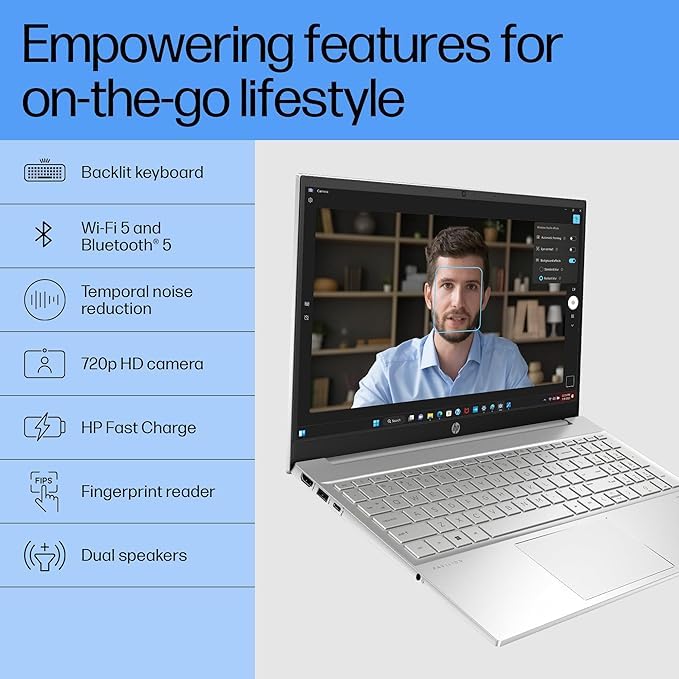 Image of HP Pavilion 15, AMD Ryzen 7 5700U, 15.6-inch (39.6 cm), FHD, 16GB DDR4, 1TB SSD, AMD Radeon Graphics, FPR, 720p HD Camera, Backlit KB, Audio by B&O (Win 11, MSO 2021, Silver, 1.75 kg), eh1147AU