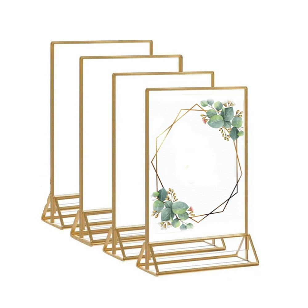 Kopinma Gold Picture Frames Double-Sided, Acrylic Sign Holders Table Number Holders for Weddings, Clear Easel Place Cards for Table, Photo Displays, Menu Holder for Restaurant Signs Display