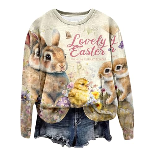Sweatshirt femme pull ajusté manches longues imprimé Pâques beige