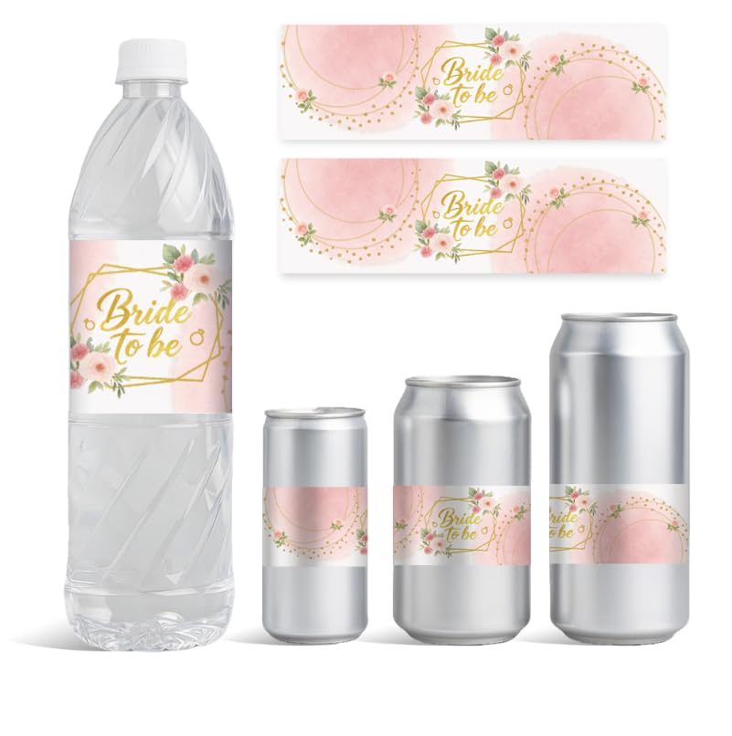 GOMAKERER 30 Sheets Pink Floral Water Bottle Labels, Bride to Be Water Bottles Wraps Sticker Personalized Wine Bottle Label Stickers for Wedding Party Decoration Supply, 8.5x2.5 Inch