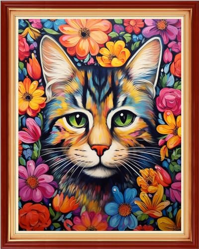 Image of Dimxvean Stamped Cross Stitch Kits,Cross Stitch Kits for Adults Beginners,Embroidery Kits Full Range of Cross Stitch Stamped Kits Needlepoint Kits Cross Stitch Patterns-Cat Flowers 16x20 inch