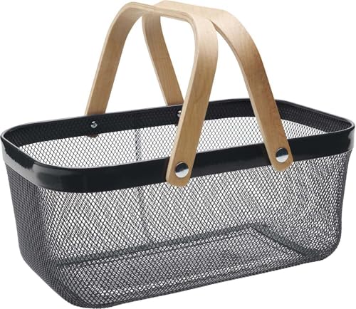 Panier Métal 16L – Ajouré Gris – Avec Anses Bois – Panier Rangement Cuisine Salle de Bain – Corbeille Fruits Légumes – Panier Polyvalent...