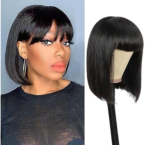 Adette Human Hair Bob Wig, Brazilian Straight Human Hair Wigs With Bangs, 150% Density None Lace Front Wigs Glueless Machine Made Wigs For black Women (12", #Natural Black) Cover