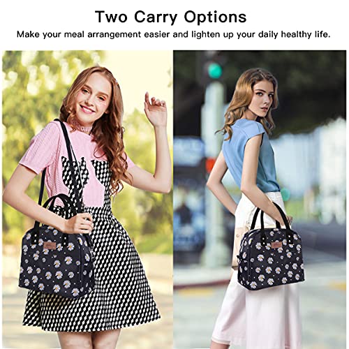 Buringer Reusable Insulated Lunch Bag Cooler Tote Box with Front Pocket Zipper Closure for Woman Man Work Picnic or Travel(Daisy with Shoulder)