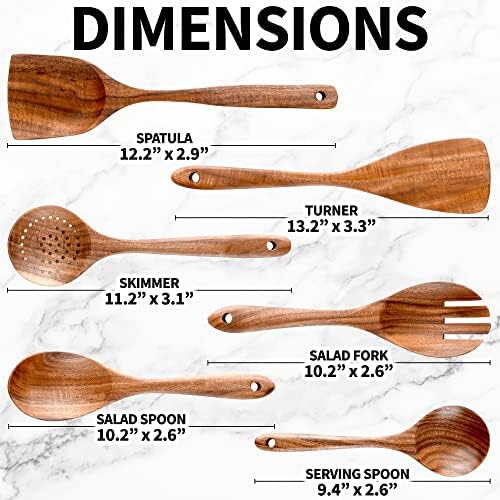Zulay Kitchen Premium Wooden Utensils for Cooking - 6 Pc Set Non-Stick Soft Comfortable Grip Wooden Cooking Utensils - Smooth Finish Teak Wooden Spoon Sets for Cooking