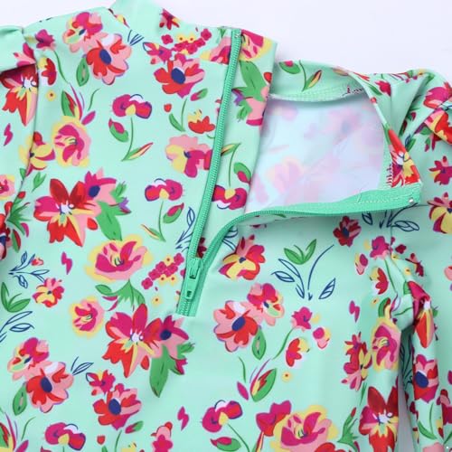 Image of Infant Baby Girls Swimsuit One Piece Swimwear Long Sleeves Floral Printed Ruffled Rashguard Zipper Bathing Suit