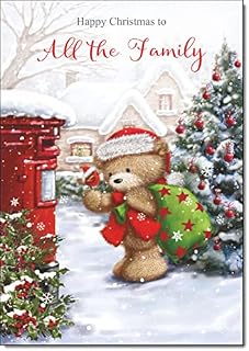 doodlecards To All The Family Christmas Card Cute Bear at Post Box Medium Size with Plain Red Envelope