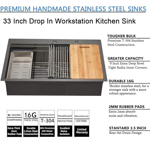 Image of SHACO 33x22 Black Drop In Kitchen Sink, 33 Inch Topmount Gunmetal Black Stainless Steel Single Bowl Overmount Double Ledges Workstation Sink with Accessories
