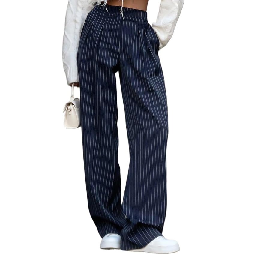Women's Y2K Cottagecore Pants Vintage Striped Wide Leg Trousers Harajuku Aesthetics Buttoned Clothing with Pockets