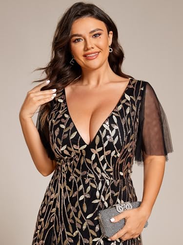 Image of Ever-Pretty Women's Sequin V Neck Plus Size Formal Dresses Evening Gown | Short Sleeve, A-Line, Empire Waist, Plus Size Mother of the Bride Dresses, Plus Size Gala Dress