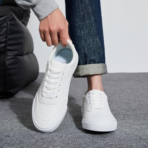 Image of Rominz Men's White Tennis Shoes PU Leather Fashion Sneakers | Faux Leather, Water Resistant, Easy to Clean, Easy to Style ,Soft Comfortable, Non-Slip Sole