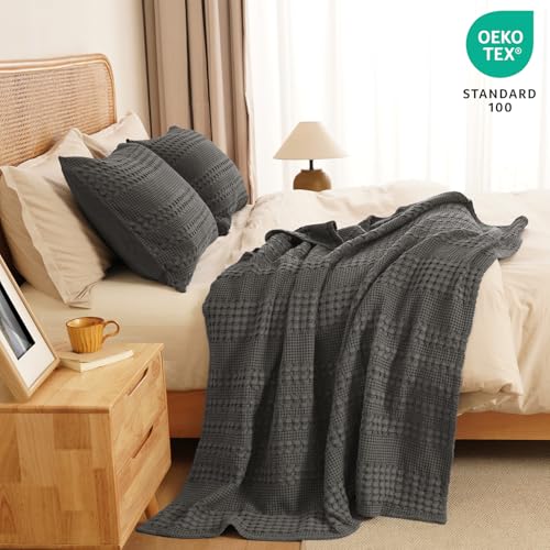 Image of PHF 100% Cotton Waffle Throw Blanket for Couch, Lightweight Breathable and Soft for Summer, Luxury Aesthetic Waffle Weave Blanket for Home Decor & Office, Gifts for Women, 50 inchx60 inch, Charcoal Grey