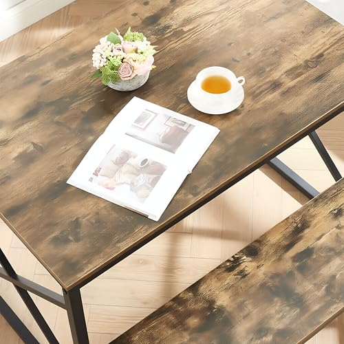 Image of VECELO 43.3 inch Kitchen Dining Table Set for 4, Heavy-Duty Steel Frame & Wood-Grain Tabletop, Space-Saving Dinette Sets with 2 Benches for Breakfast Nook and Small Space, Brown