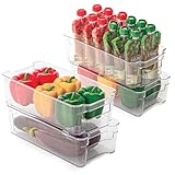 Smart Design Stackable Refrigerator Bin w/Handle - BPA Free Polyethylene - for Fridge, Freezer, Pantry Organization - Kitchen (6 x 12 Inch) [Clear] - Set of 4