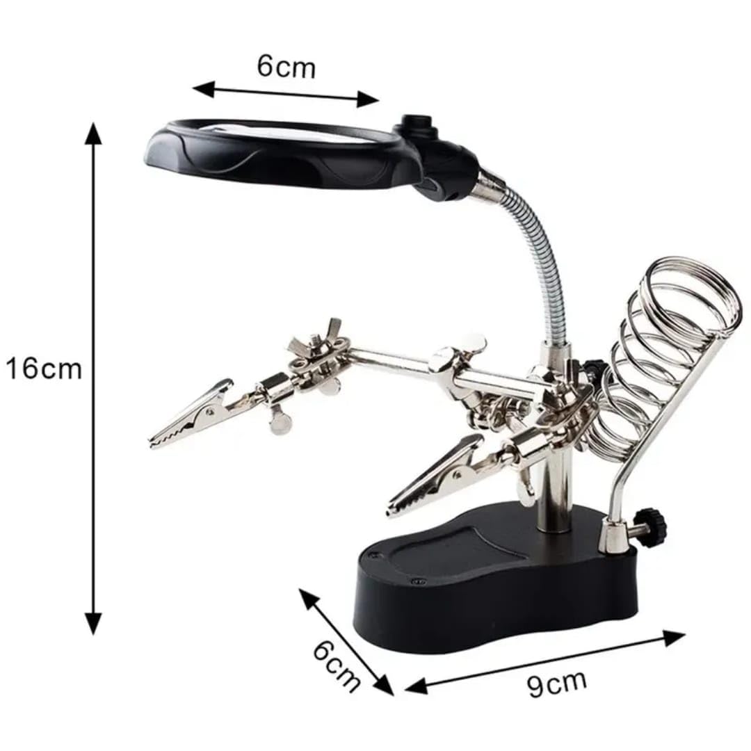 DKP Medicams 5in1 Helping Hand Magnifier Tool 3.5X & 12X with Soldering Iron Stand Adjustable Alligator Clip Clamps LED Magnifying Glass Len Workstation Light Battery Powered 4