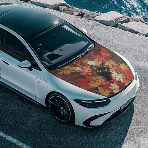 Image of Maple Leaf Cat Car Hood Cover All Weather Protection Auto Exterior Accessories Universal Fit Hood Covers for Cars, Trucks, SUV, or Van Full Coverage Thanksgiving Decor