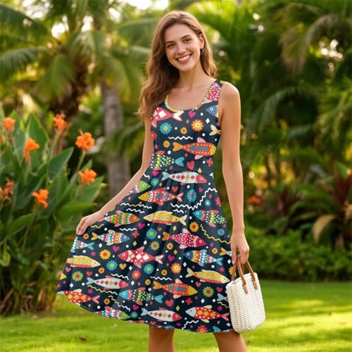 Image of Women's Casual Loose Sundress Midi Sleeveless Crewneck Dress Summer Beach Tank Dress with Pockets