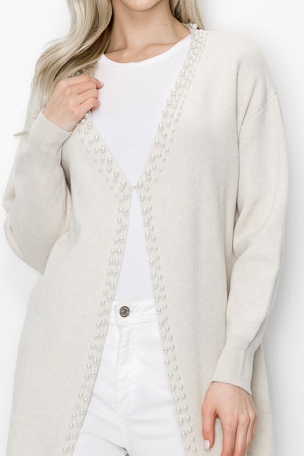 Image of LifeShe Women's Pearls Cardigan Sweaters Long Sleeve V Neck Knit Sweater Loose Open Front Fall Winter Outwear Coats