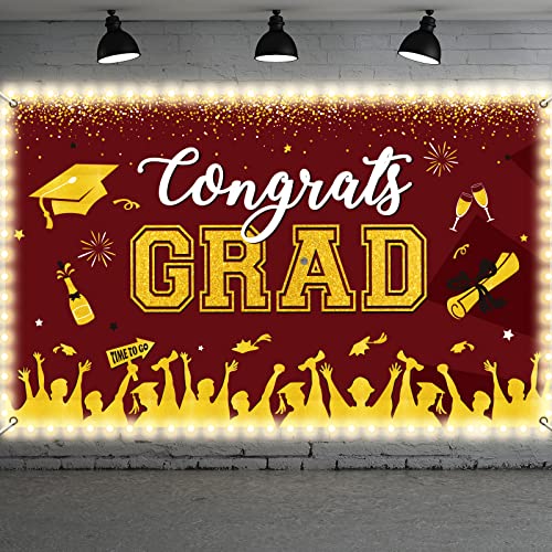 Image of Maroon Graduation Banner with Led-Light Strips Decor 71 inch x 43 inch Class of 2024 Congrats Grad Party Backdrop Decorations for 2024 Prom Graduation Party Background Supplies