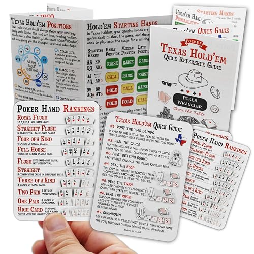 POKER WRANGLER Set of 5 Poker Hand Ranking Cards and Texas Hold'em Cheat Sheet Pocket Guide