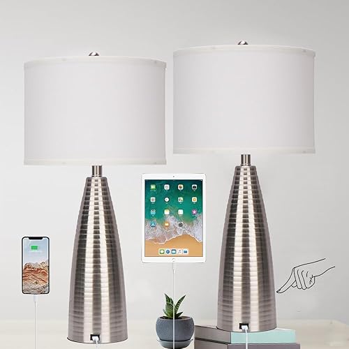 Miniatura 2 de Juego de 2 lámparas de mesa con control táctil de 30 pulgadas de alto con puerto USB, regulables de 3 vías, lámpara de mesita de noche moderna con