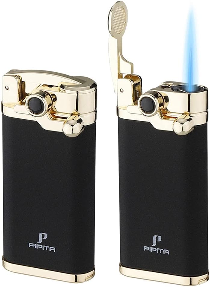 PIPITA Cigar Lighter Windproof Single Jet Flame Torch Lighter with Punch Butane Refillable Gas Lighters (Without Gas), Comes with Gift Package (Black & Gold)