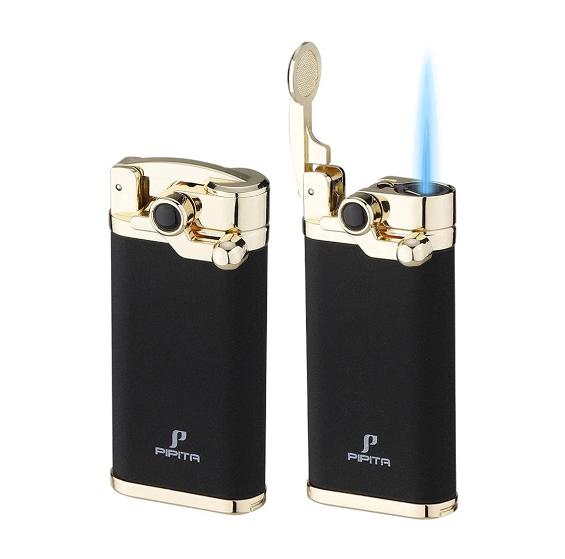 PIPITA Cigar Lighter Windproof Single Jet Flame Torch Lighter with Punch Butane Refillable Gas Lighters (Without Gas), Comes with Gift Package (Black & Gold)